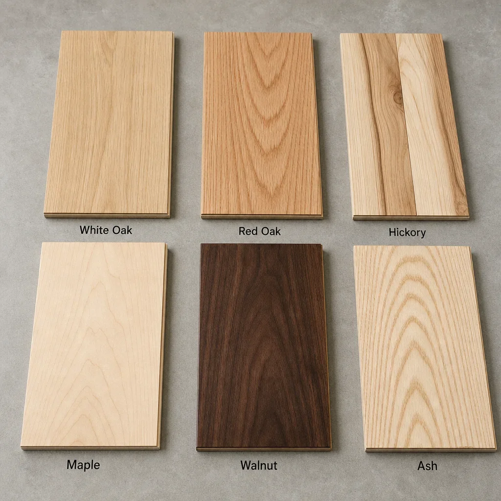 A labeled comparison grid of six hardwood species samples.