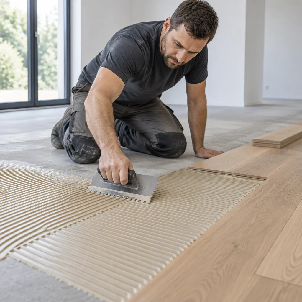 An installer spreads flooring adhesive with a notched trowel before placing engineered wood boards.