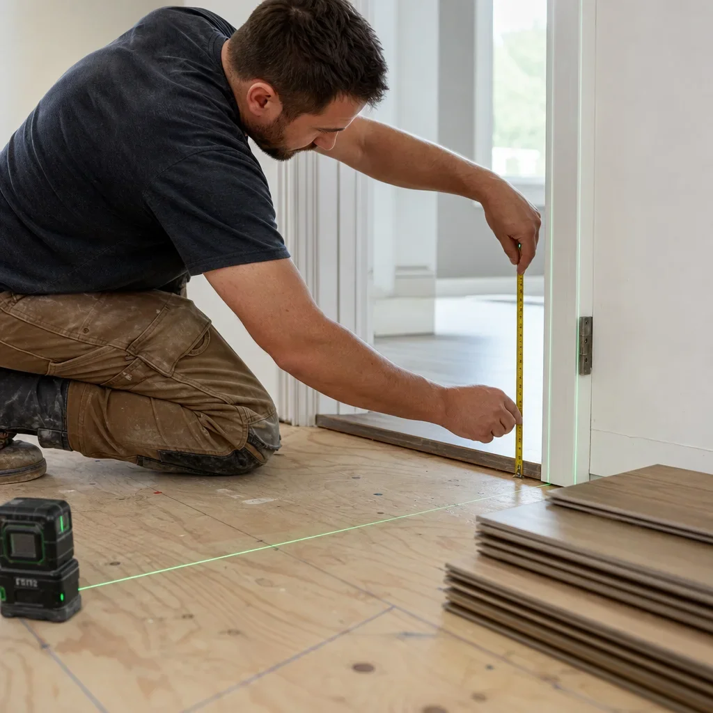 Installer measuring subfloor flatness and doorway clearance during a flooring renovation.