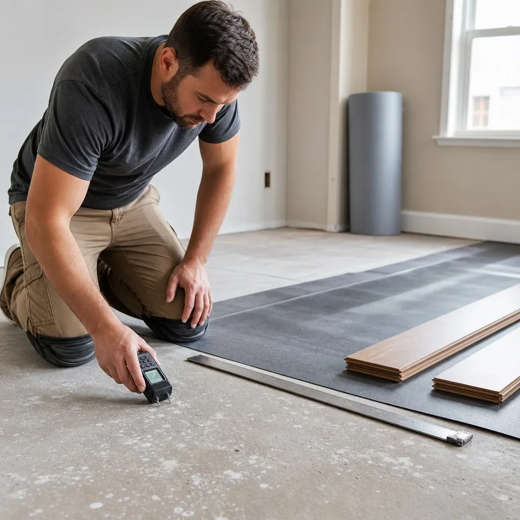 Installer checking subfloor moisture before putting down engineered hardwood.