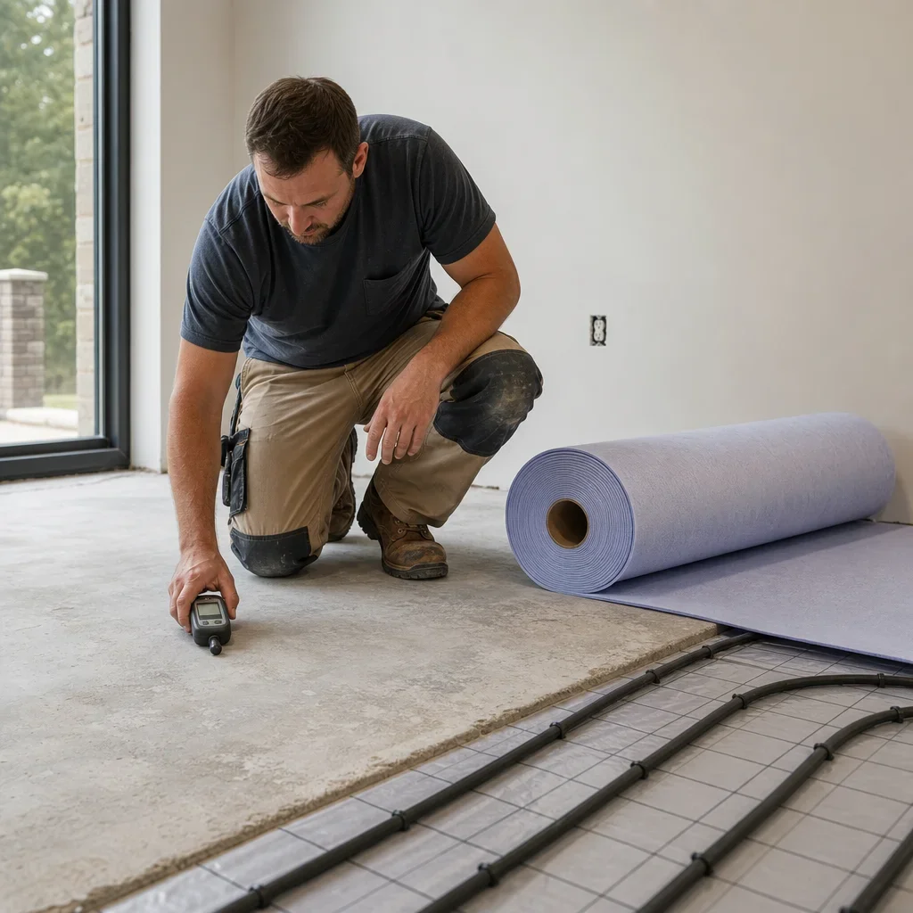 Installer checking moisture on a concrete subfloor next to underlayment materials.