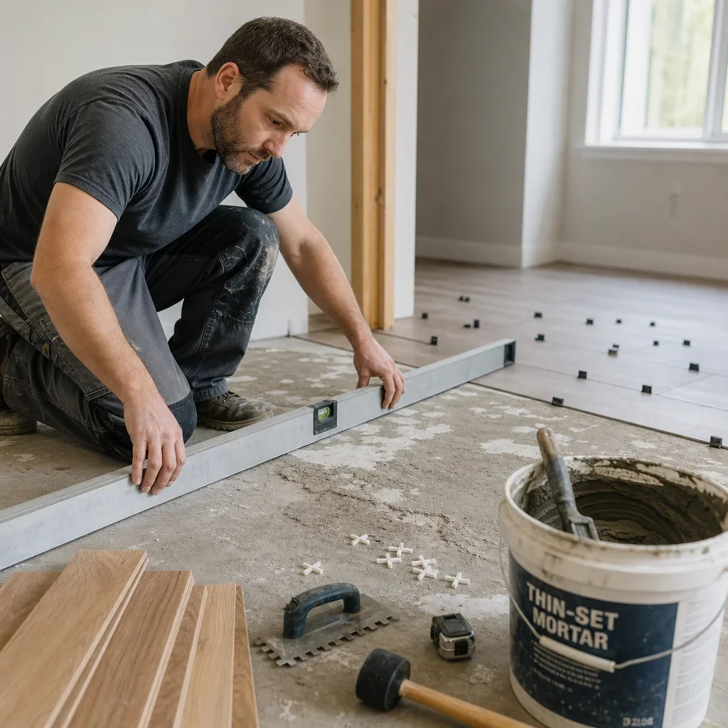 A flooring installer checking subfloor level and prep conditions.