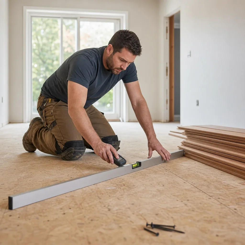 Contractor inspecting and preparing a subfloor before hardwood installation.