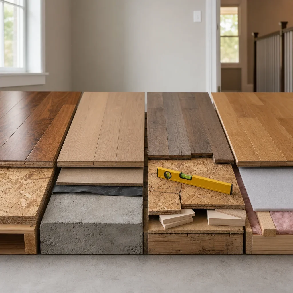 Side-by-side subfloor examples showing different underlayment needs.