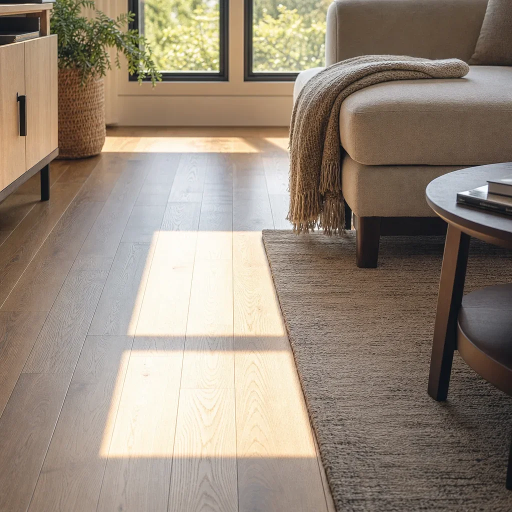 A sunlit hardwood floor showing how covered and exposed areas age differently.