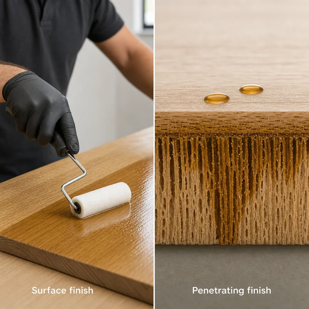 A split visual showing a surface finish film versus a penetrating oil finish in wood.