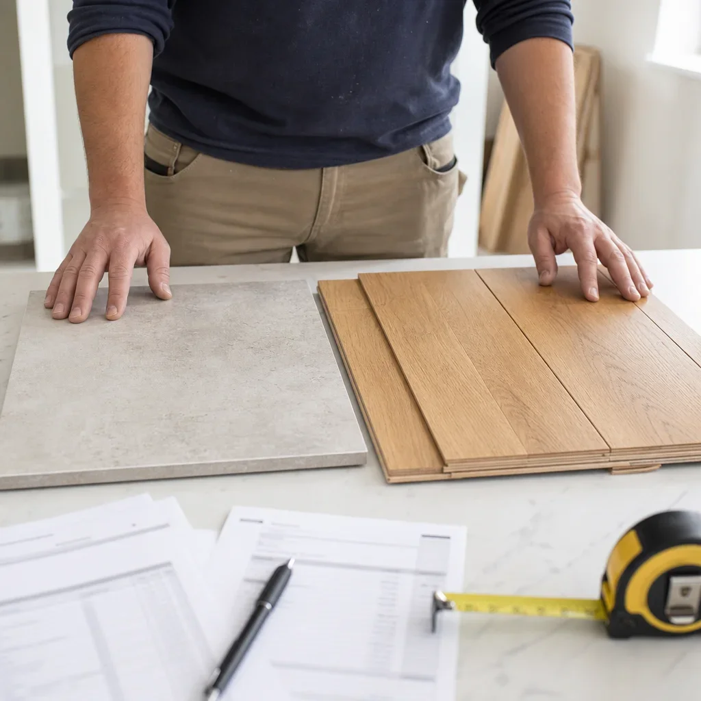 Flooring samples of tile and wood floorboards beside renovation quote papers.
