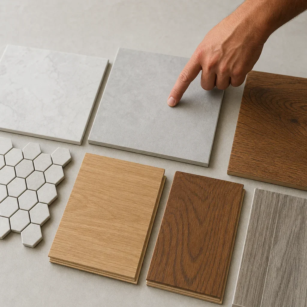 A hand comparing tile swatches and wood flooring samples.