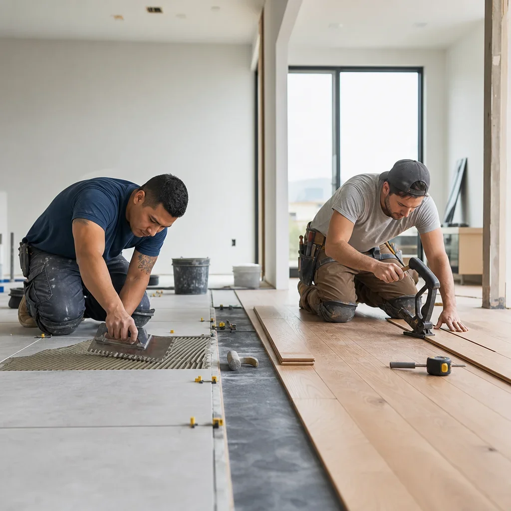 Installers working on tile and hardwood flooring in the same renovation space.