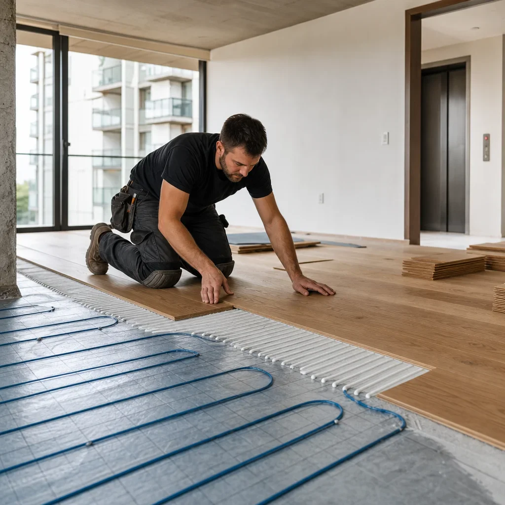 Installer fitting wood flooring over radiant heat in a condo-style setting.