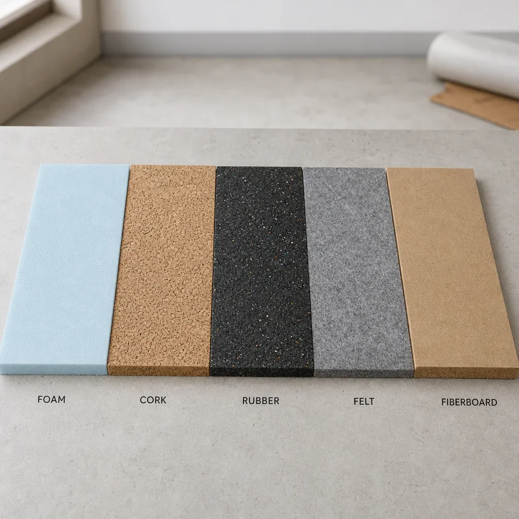Comparison lineup of foam, cork, rubber, felt, and fiberboard underlayment samples.