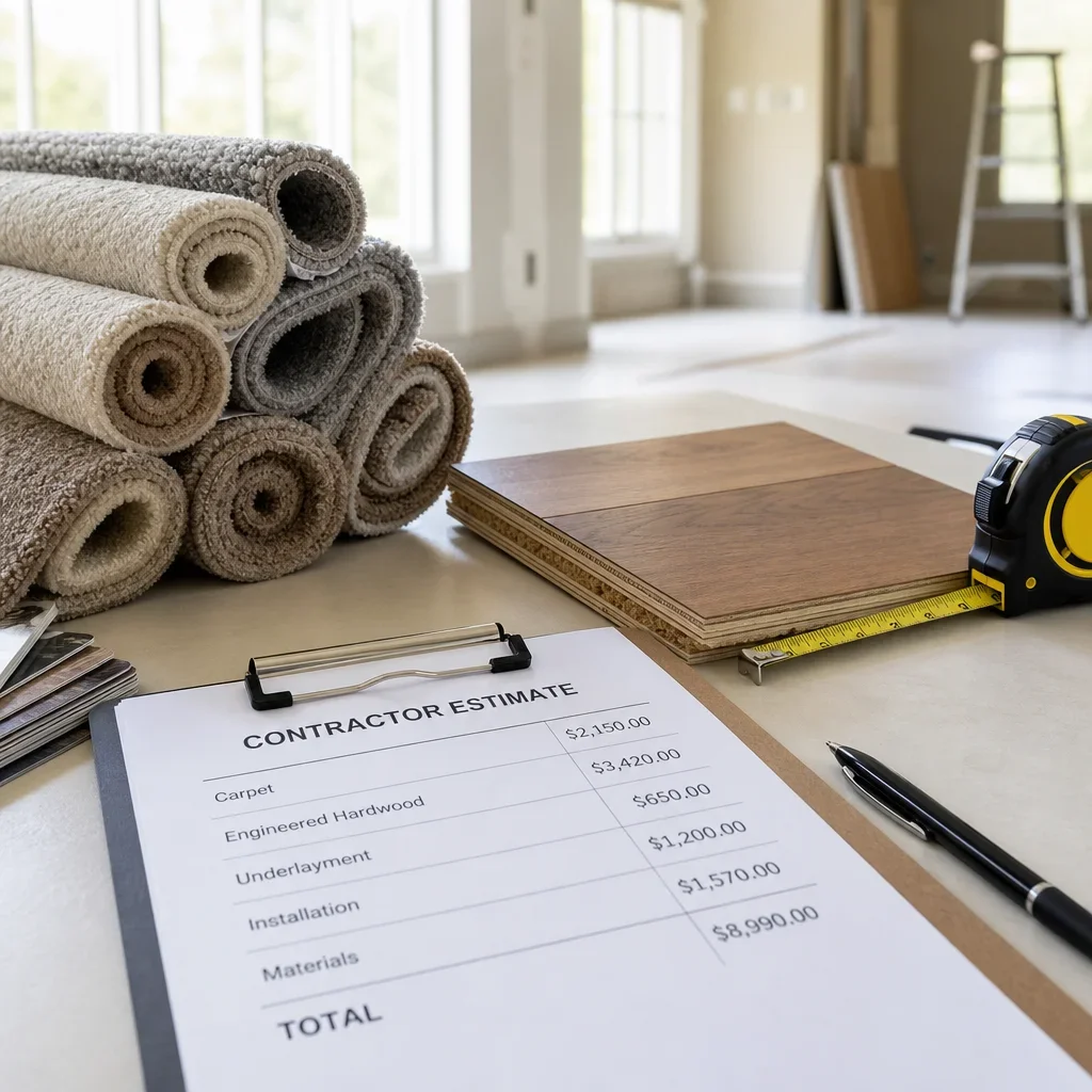 Carpet samples and engineered hardwood planks beside a contractor estimate.