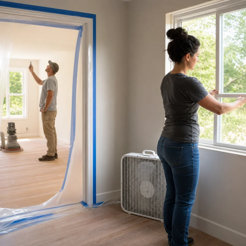A homeowner improving ventilation during floor refinishing.