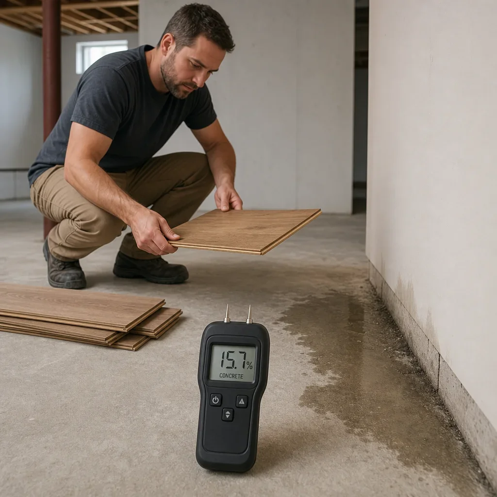 Basement flooring scene with a moisture meter and engineered hardwood installation prep.