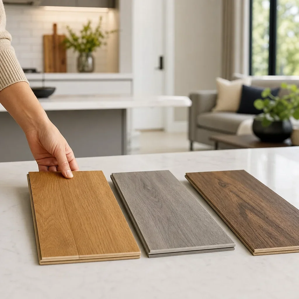 Flooring samples of engineered hardwood, vinyl, and laminate compared on a table.