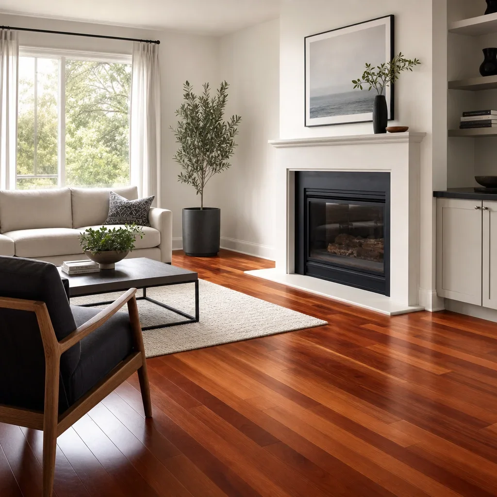 Modern living room with Brazilian cherry hardwood flooring and warm reddish-brown tones.