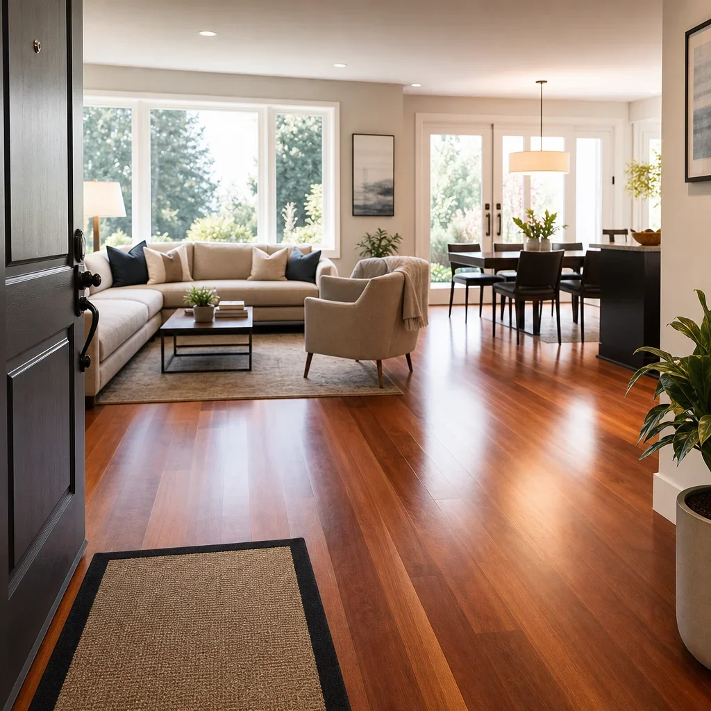 Bright living and dining area with Brazilian cherry hardwood flooring.