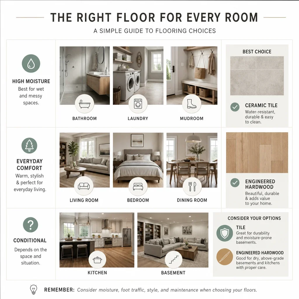 Simple diagram mapping different rooms to the better flooring choice.