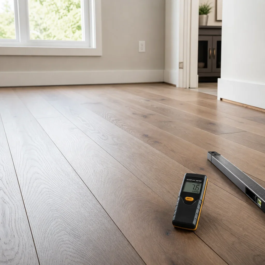 Wide engineered hardwood planks installed flat, illustrating stability and movement considerations.