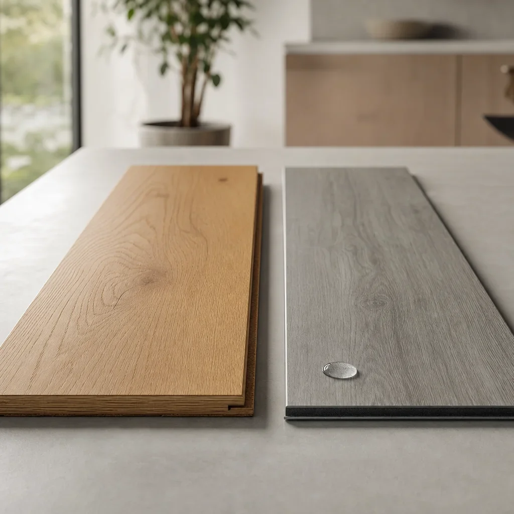Wide plank hardwood and vinyl samples shown side by side for comparison.