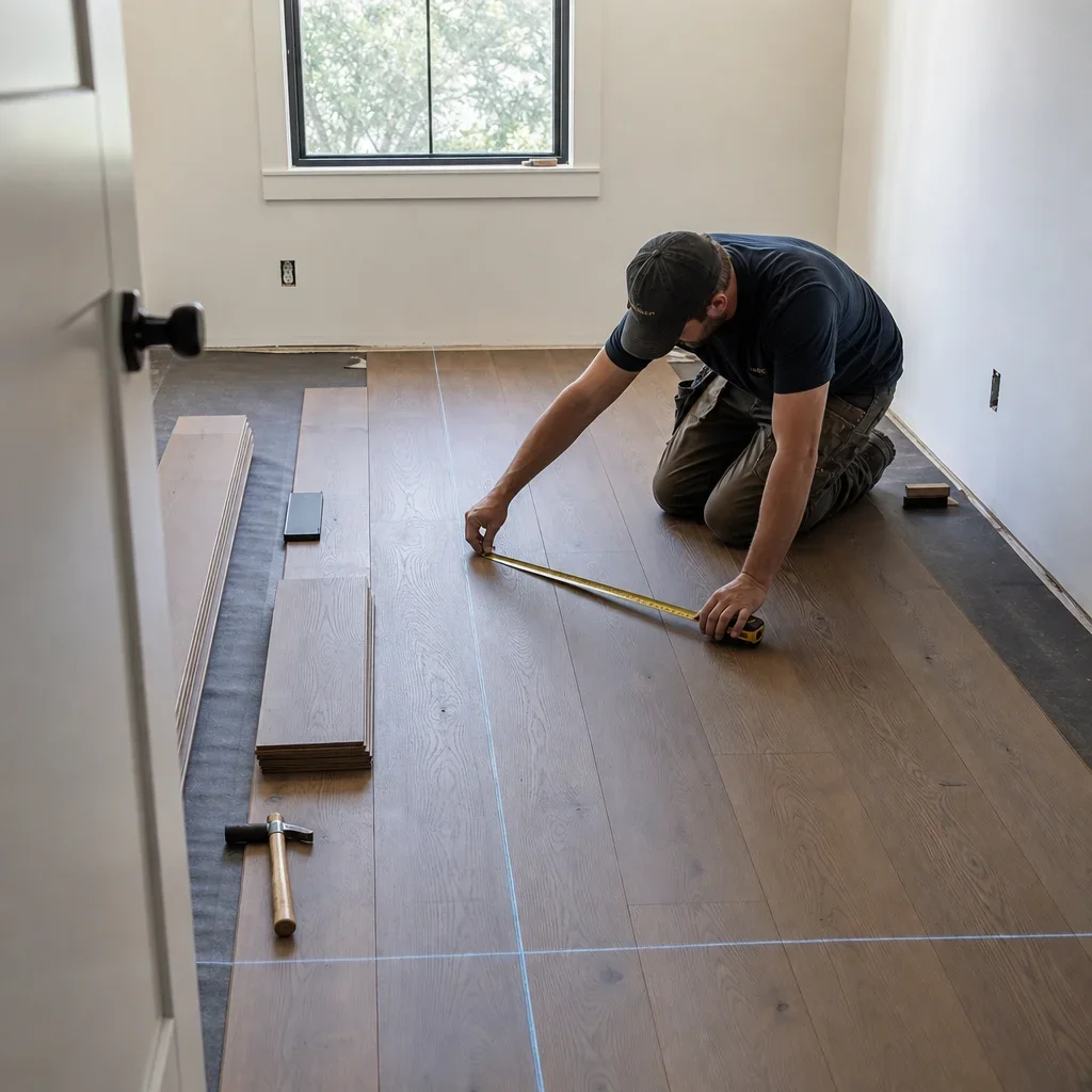 Installer laying out wide planks in a small room using chalk lines and a tape measure.