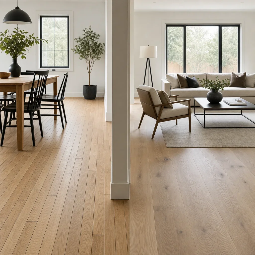 Interior comparison showing narrow planks versus wide planks in a modern room.