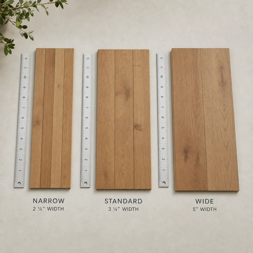Three wood flooring samples showing narrow, standard, and wide plank widths side by side.