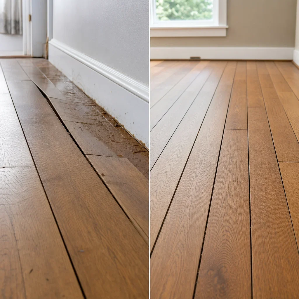 A wood floor showing cupping on one side and seasonal gaps on the other to illustrate moisture and movement.