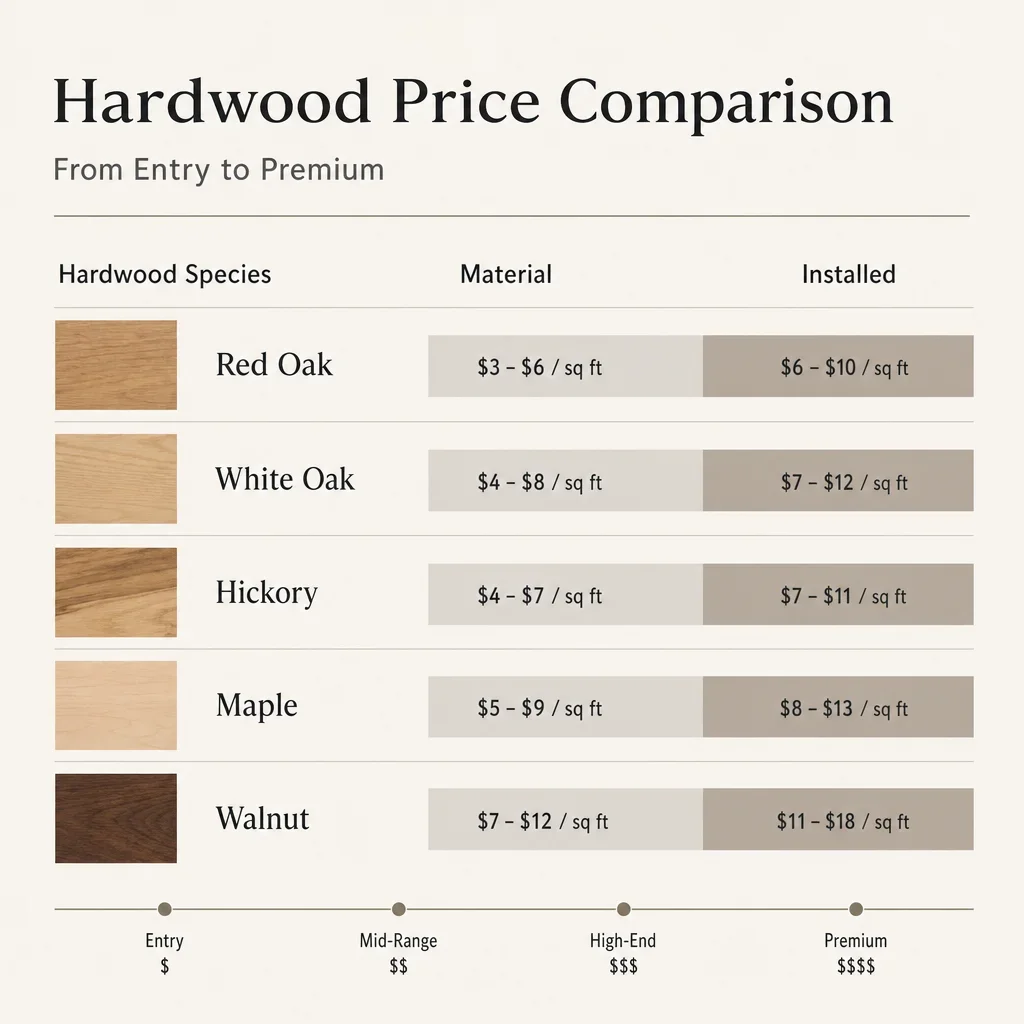 A simple chart comparing hardwood species price tiers.