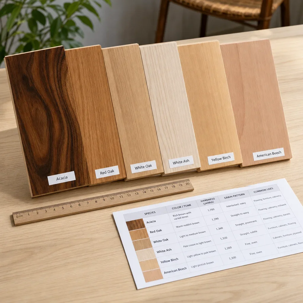 Side-by-side wood flooring samples comparing acacia with oak, ash, birch, and beech.
