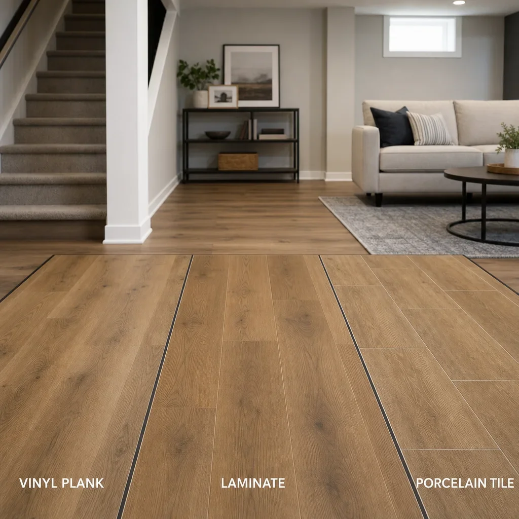 Wood-look vinyl plank, laminate, and tile samples displayed in a basement setting.