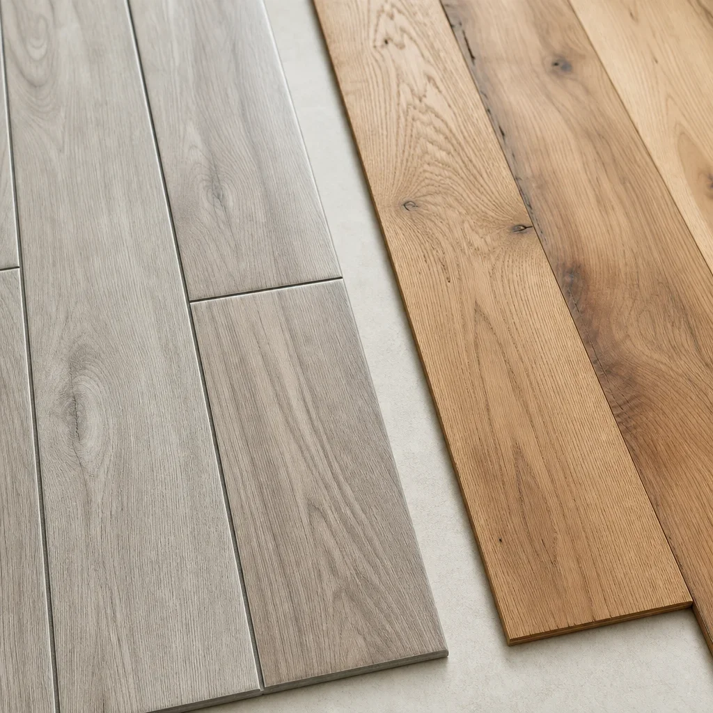 Close-up comparison of wood-look tile planks and real hardwood boards.