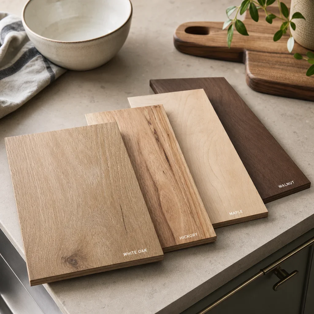 Engineered hardwood samples showing different wood species and matte kitchen-friendly finishes.
