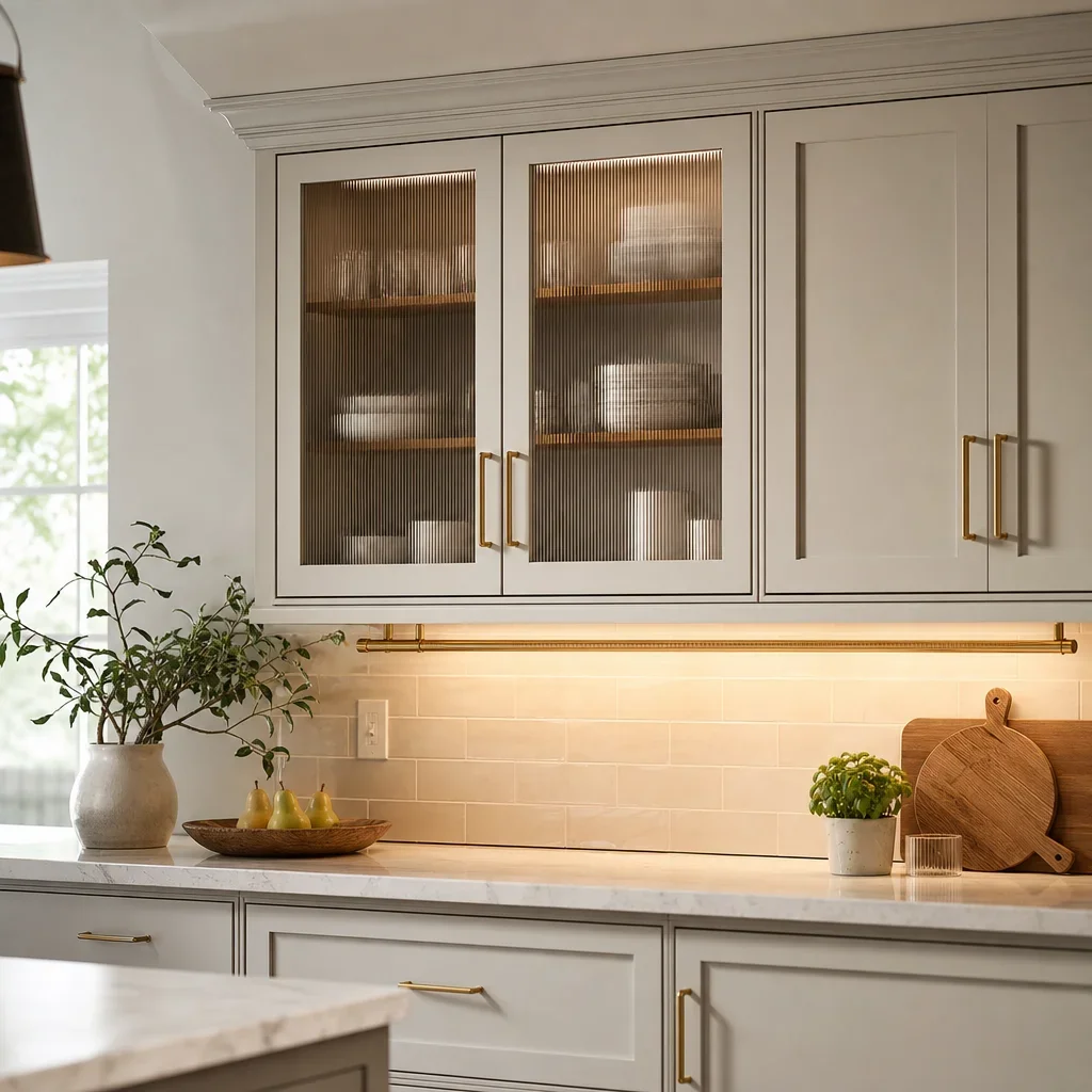 An updated cabinet section showing new hardware, trim, glass, and lighting.