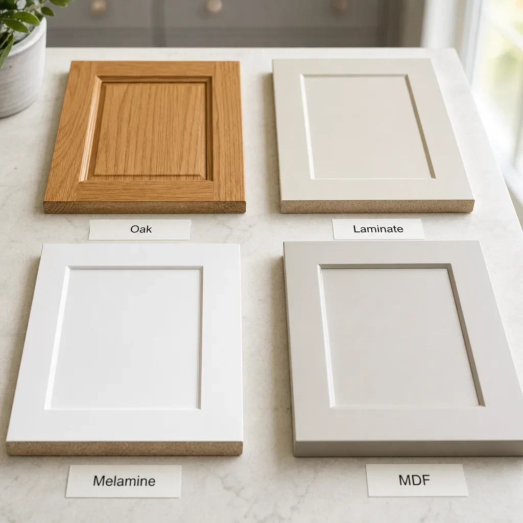 Four cabinet material samples showing oak, laminate, melamine, and MDF finishes.