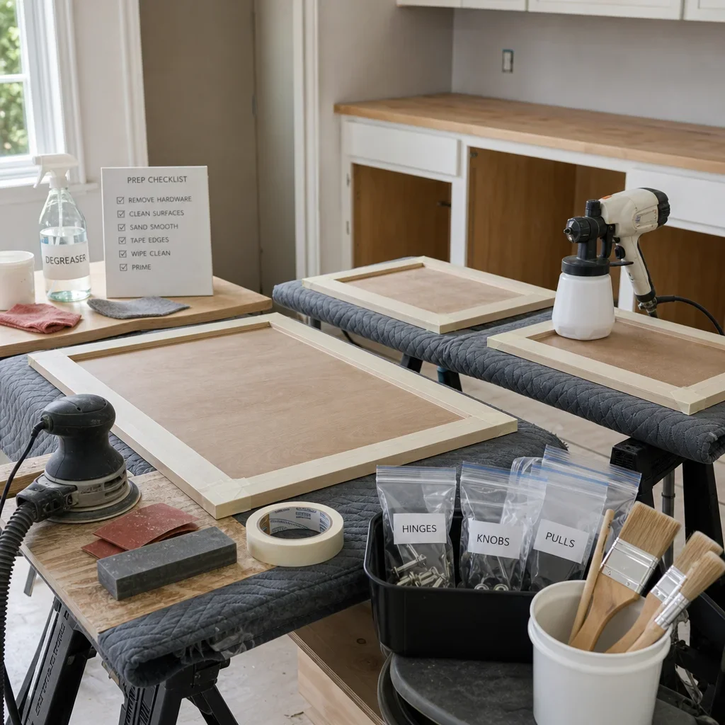 A cabinet prep station with doors removed, labeled hardware, and refinishing tools.