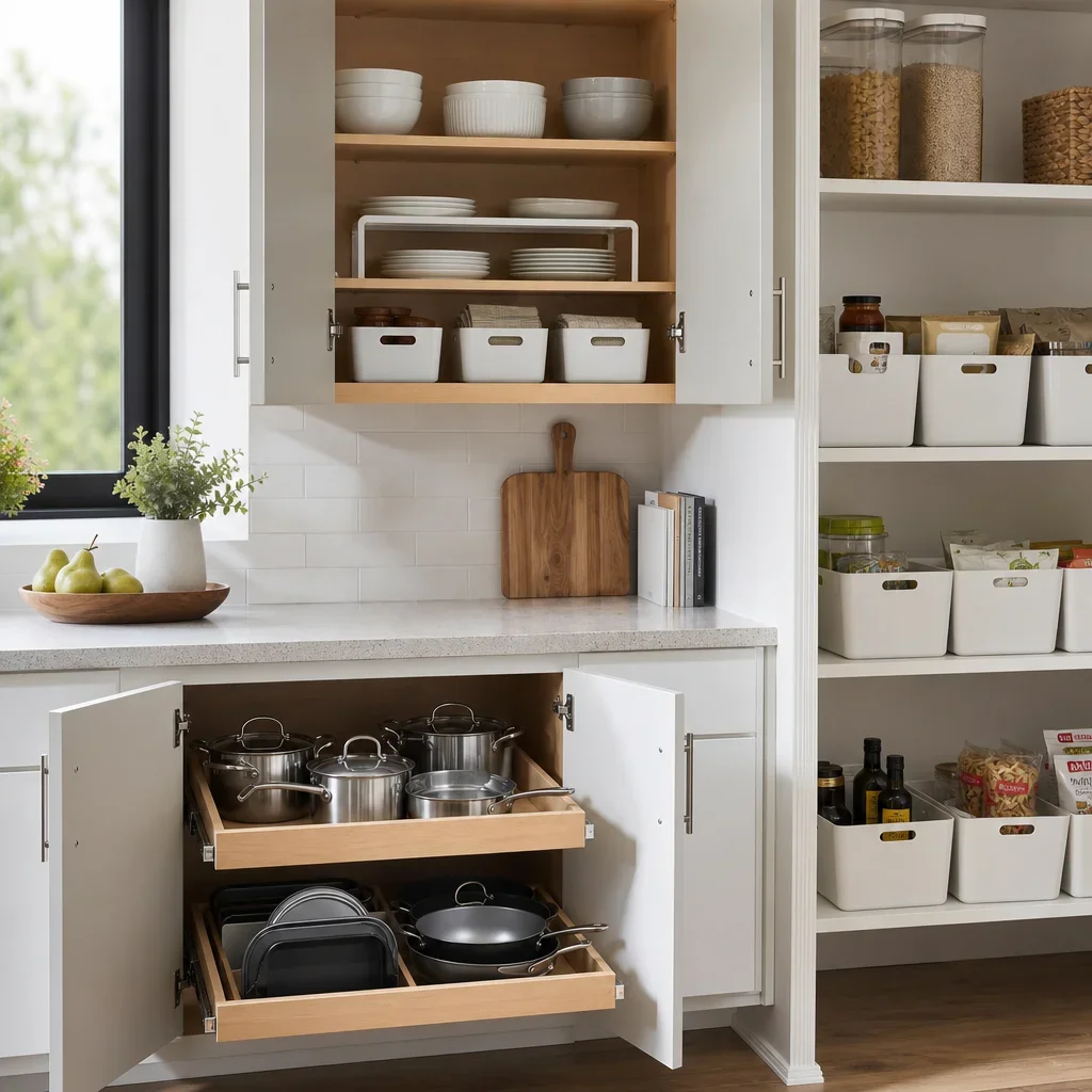 Kitchen storage zones using different organizers in lower, upper, and pantry cabinets.