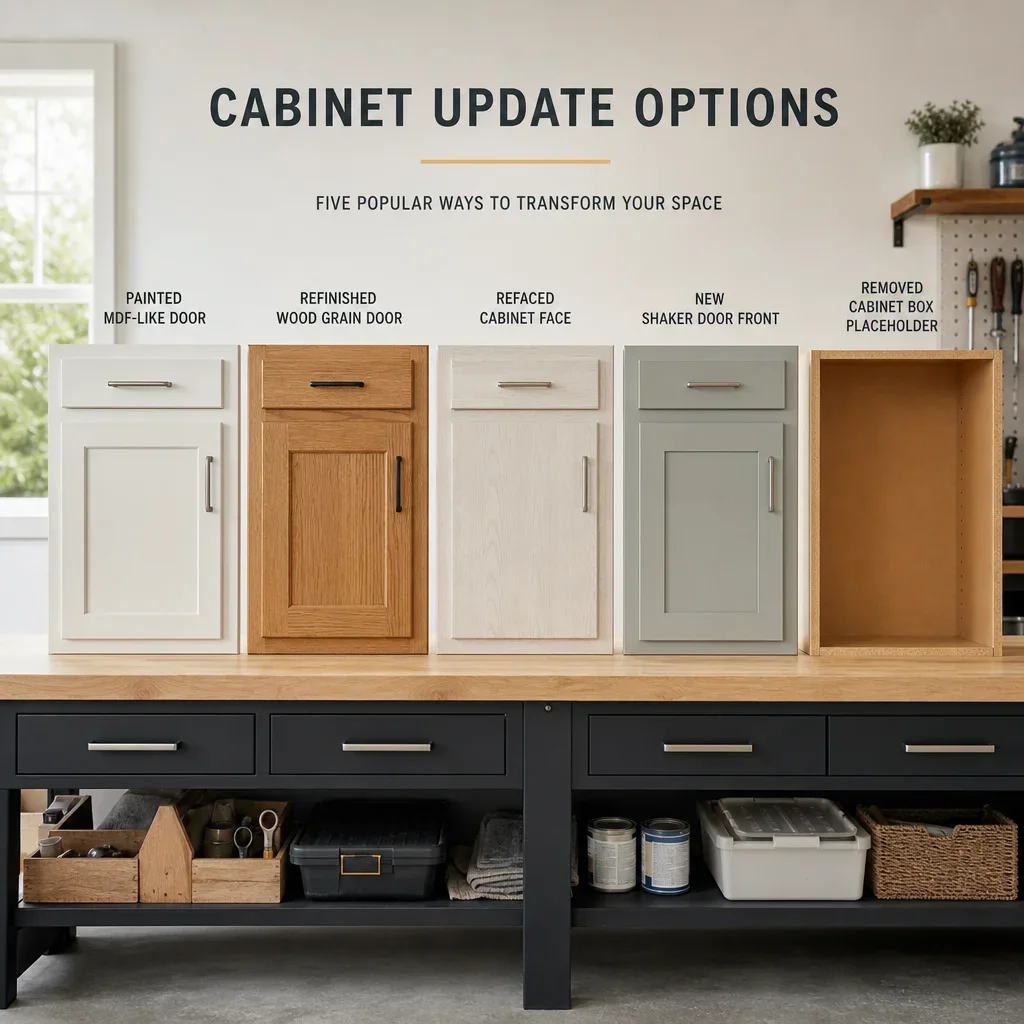 A side-by-side comparison of cabinet update methods and their visual results.