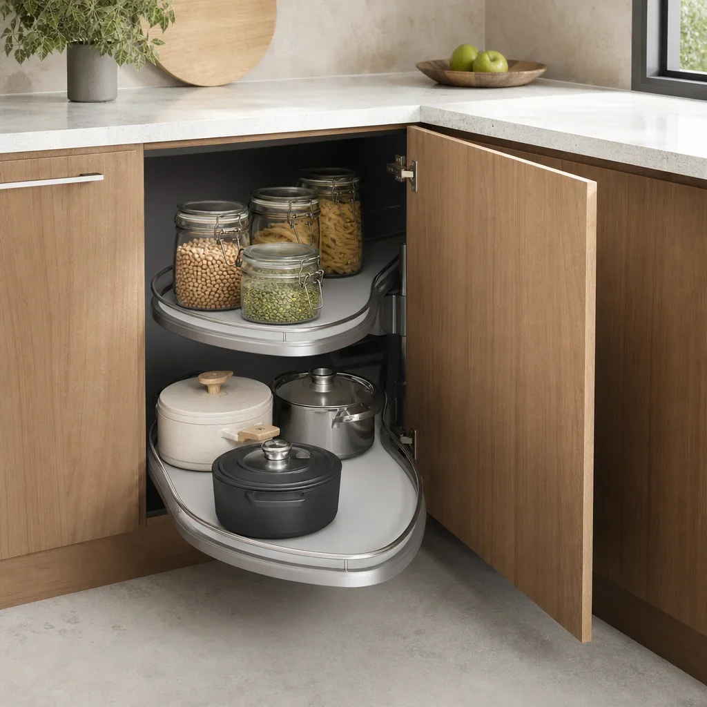 An open corner cabinet with a rotating or swing-out organizer for easy access.