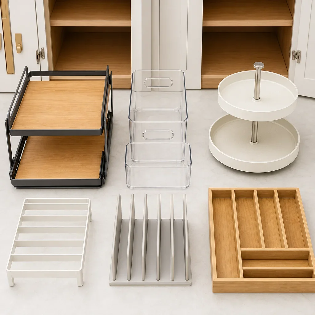 A side-by-side comparison of different deep cabinet organizers on a countertop.
