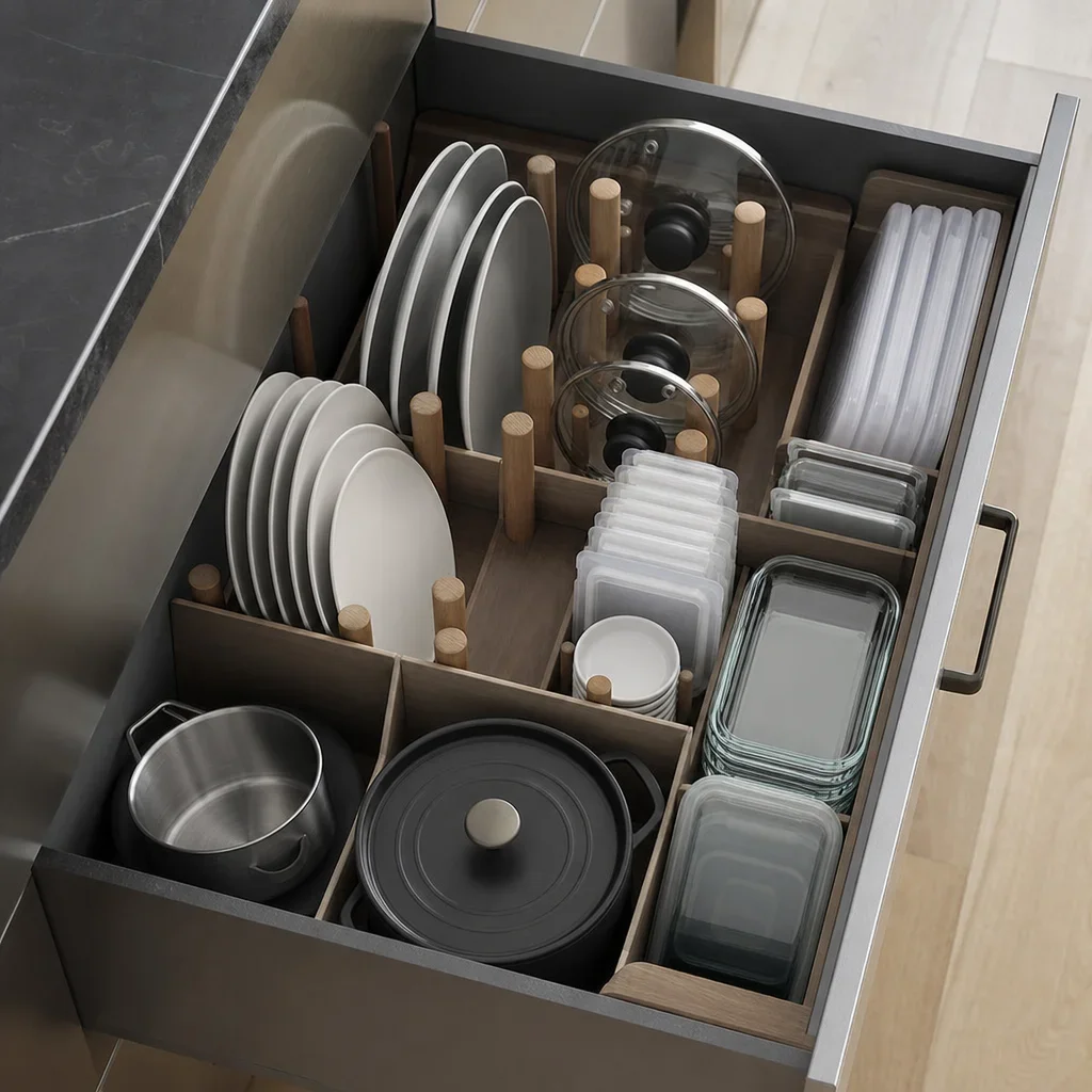 A deep kitchen drawer organized with dividers and peg inserts.