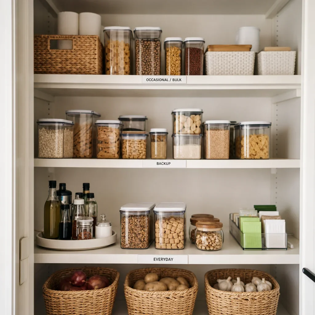 A deep pantry shelf organized into front, middle, and back access zones.