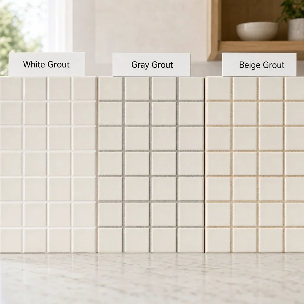 Three light backsplash tile samples demonstrating how different grout colors change the look.