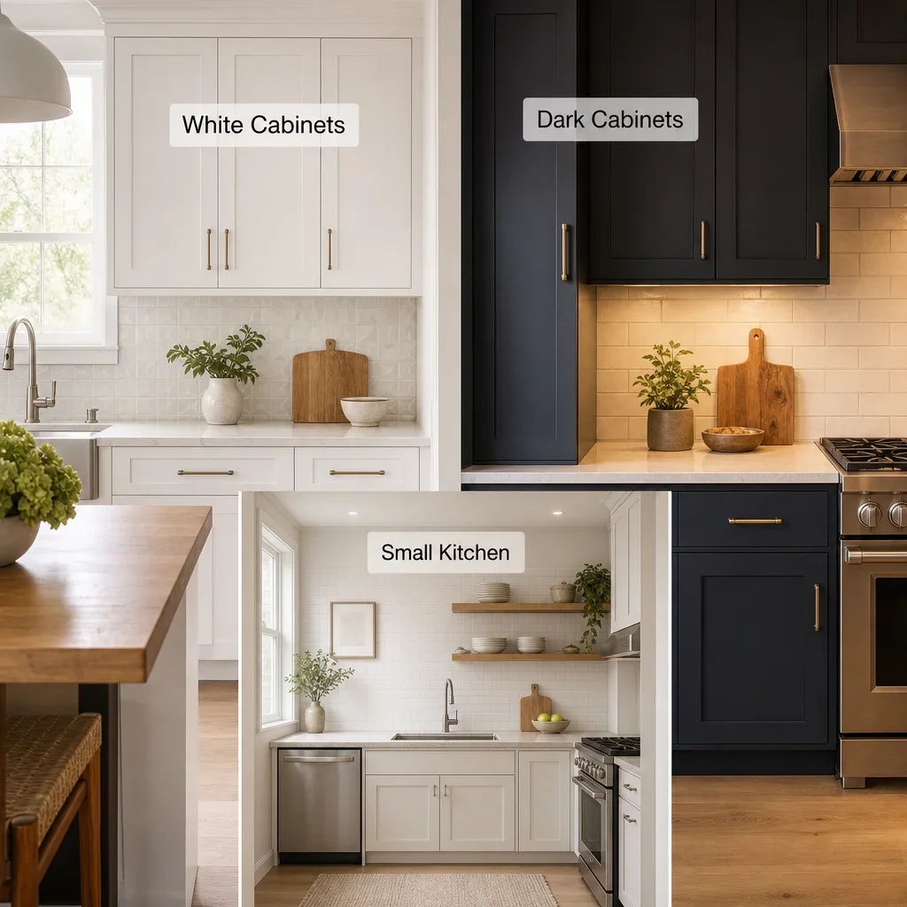 A kitchen interior showing light backsplash solutions for white cabinets, dark cabinets, and a small kitchen.