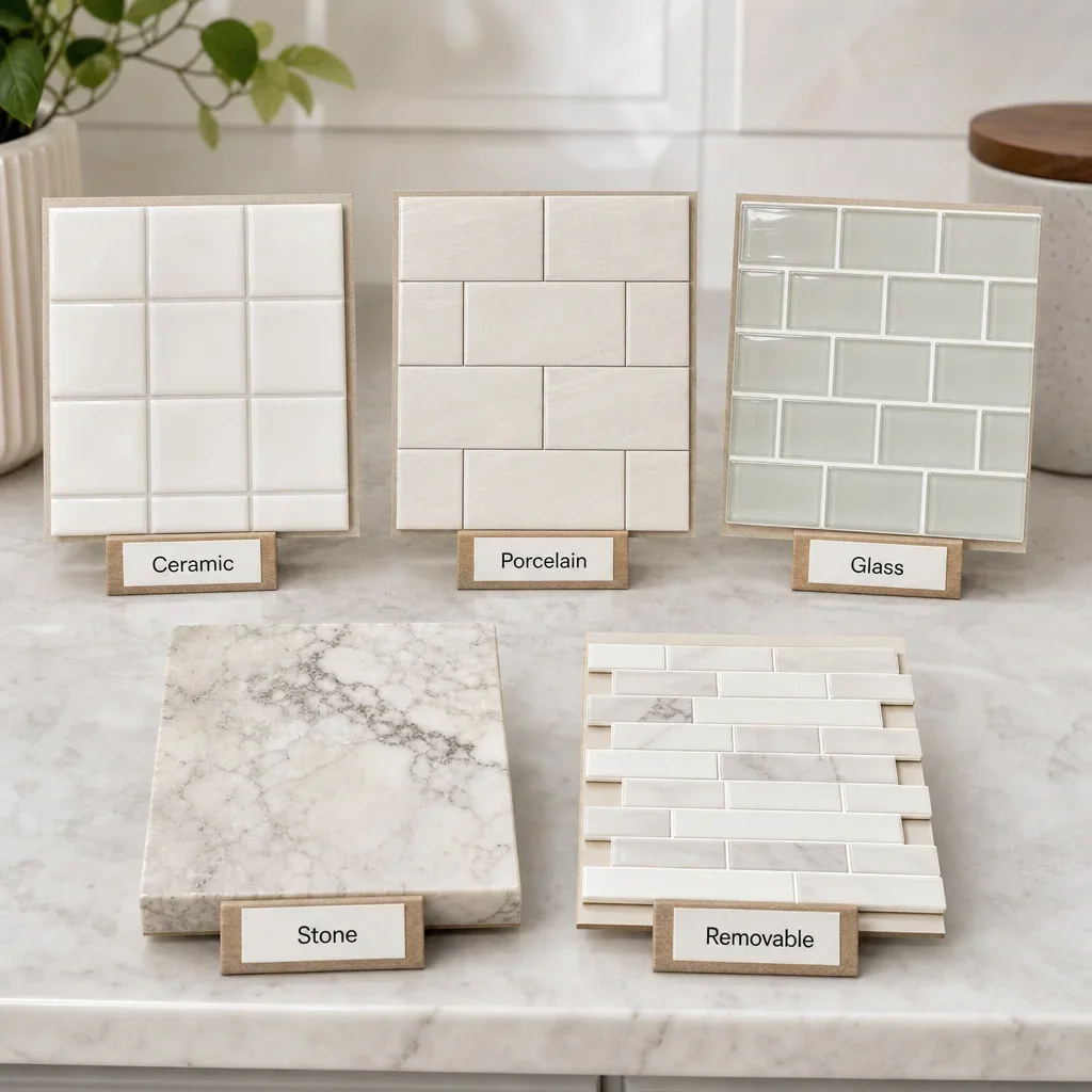 A set of light backsplash material samples showing ceramic, porcelain, glass, stone, and removable tile options.