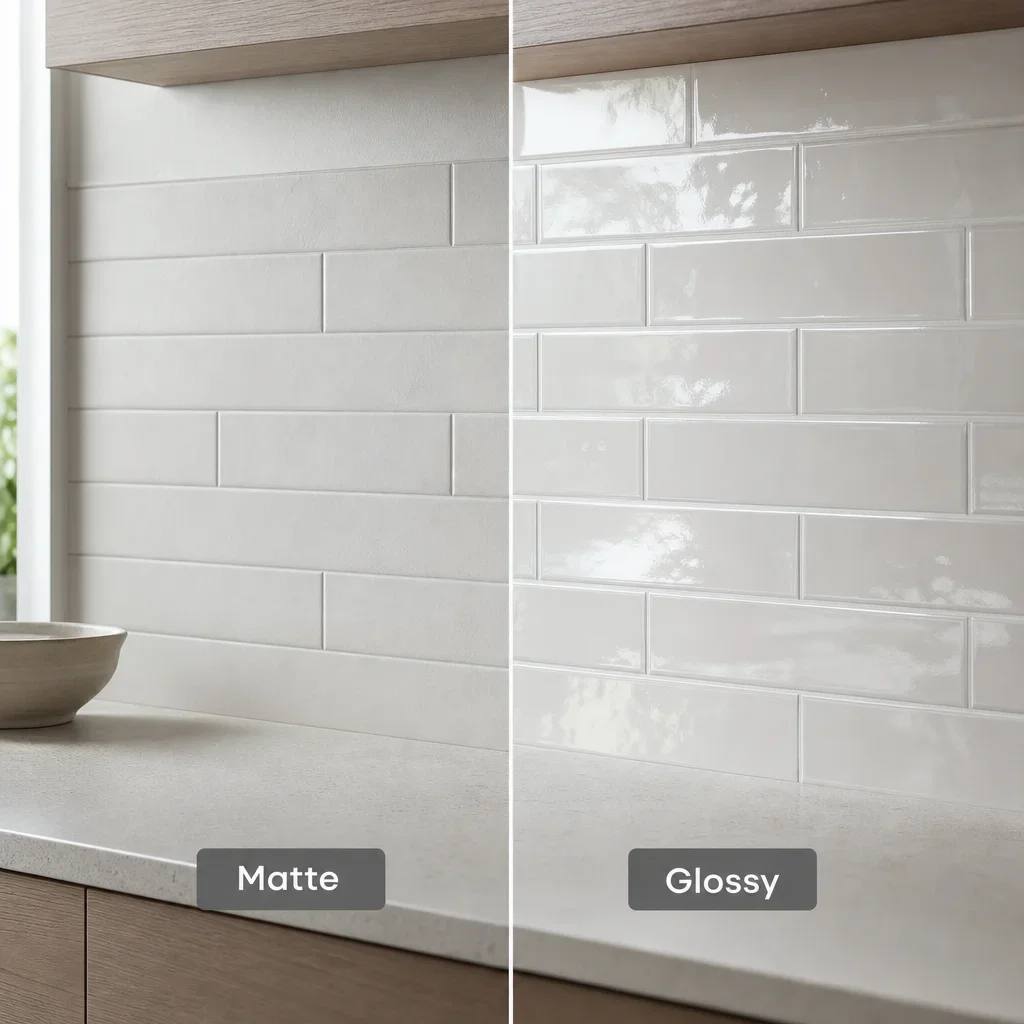 Side-by-side comparison of matte and glossy light backsplash tile finishes in a kitchen.