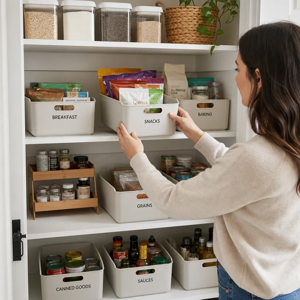 Pantry shelf organized with labeled-style category groupings in handled bins.
