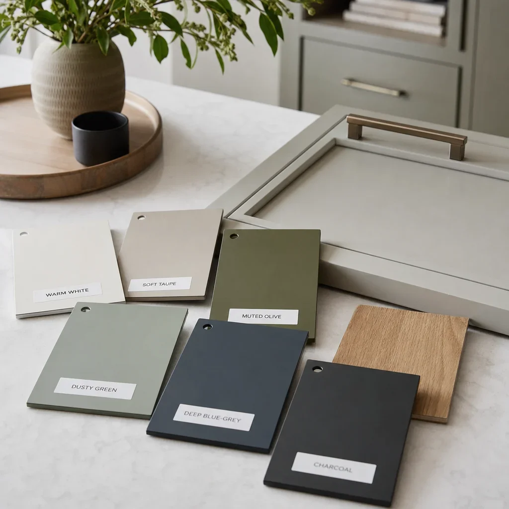 Painted cabinet colour samples in modern muted tones beside a cabinet door.