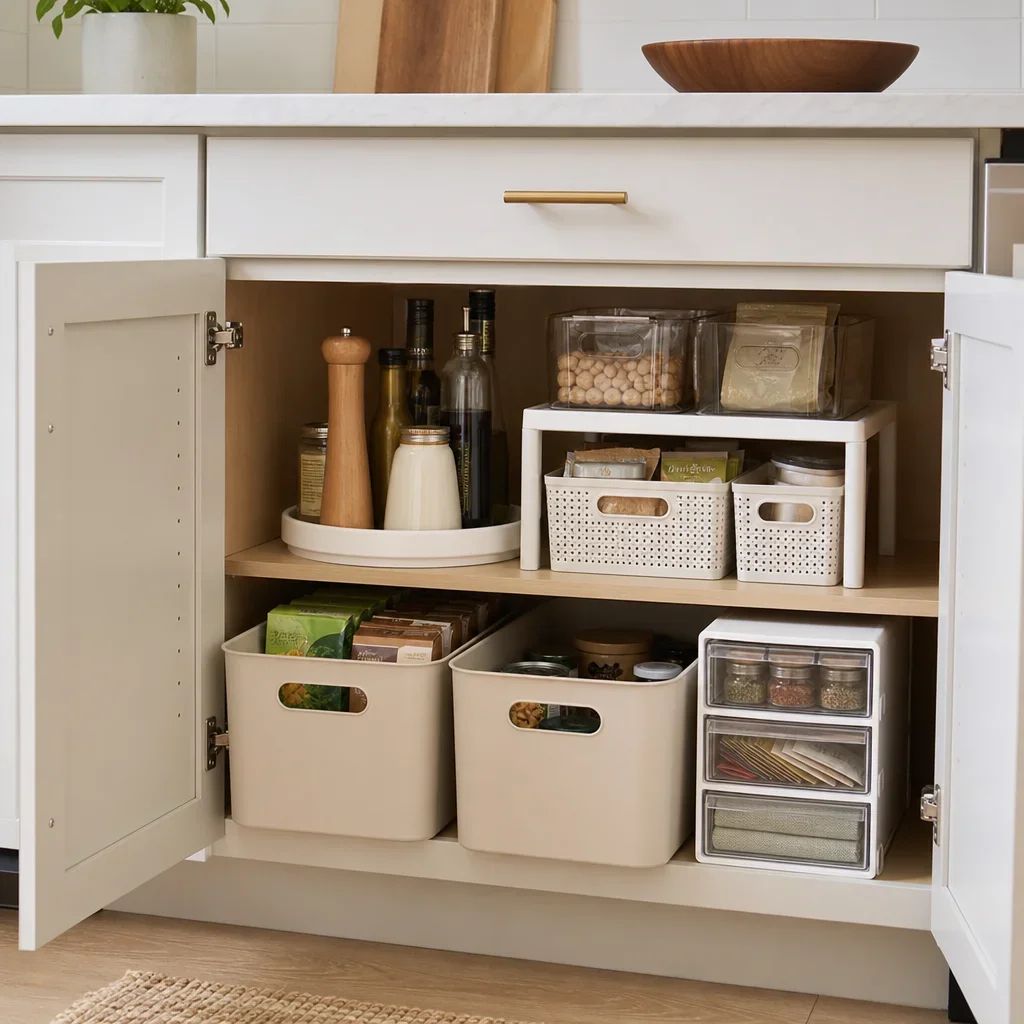 Removable, no-drill cabinet organizers inside an open kitchen cabinet.