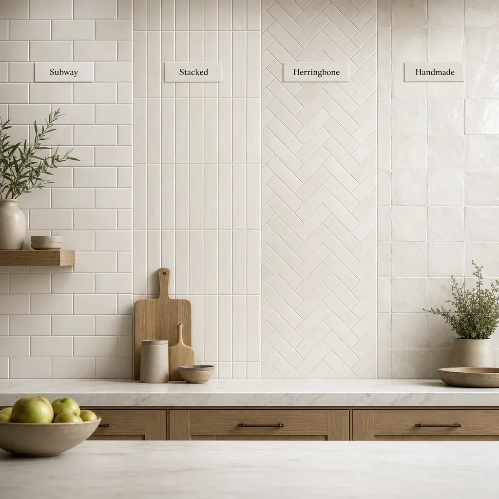 A light kitchen backsplash shown in several tile layouts, including subway, stacked, herringbone, and handmade-look tile.